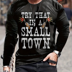 Small Town Print Men's Long Sleeve Vintage T-shirt for Autumn