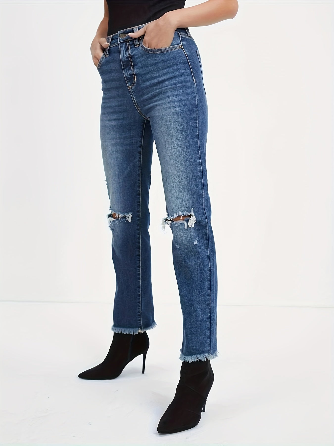 Button Fly Ripped Fringe Trim Stretch Jeans