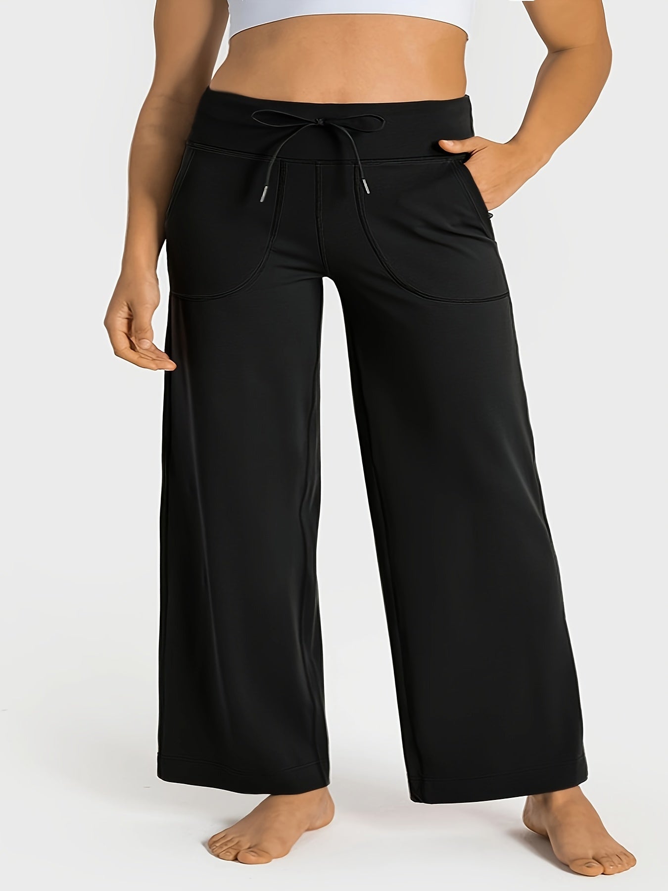 Women's Plus Size Tie Waist Wide Leg Yoga Pants With Pockets