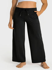 Women's Plus Size Tie Waist Wide Leg Yoga Pants With Pockets