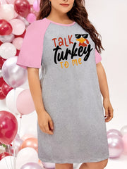 Thanksgiving Tee Sleep Dress Letter & Turkey Print