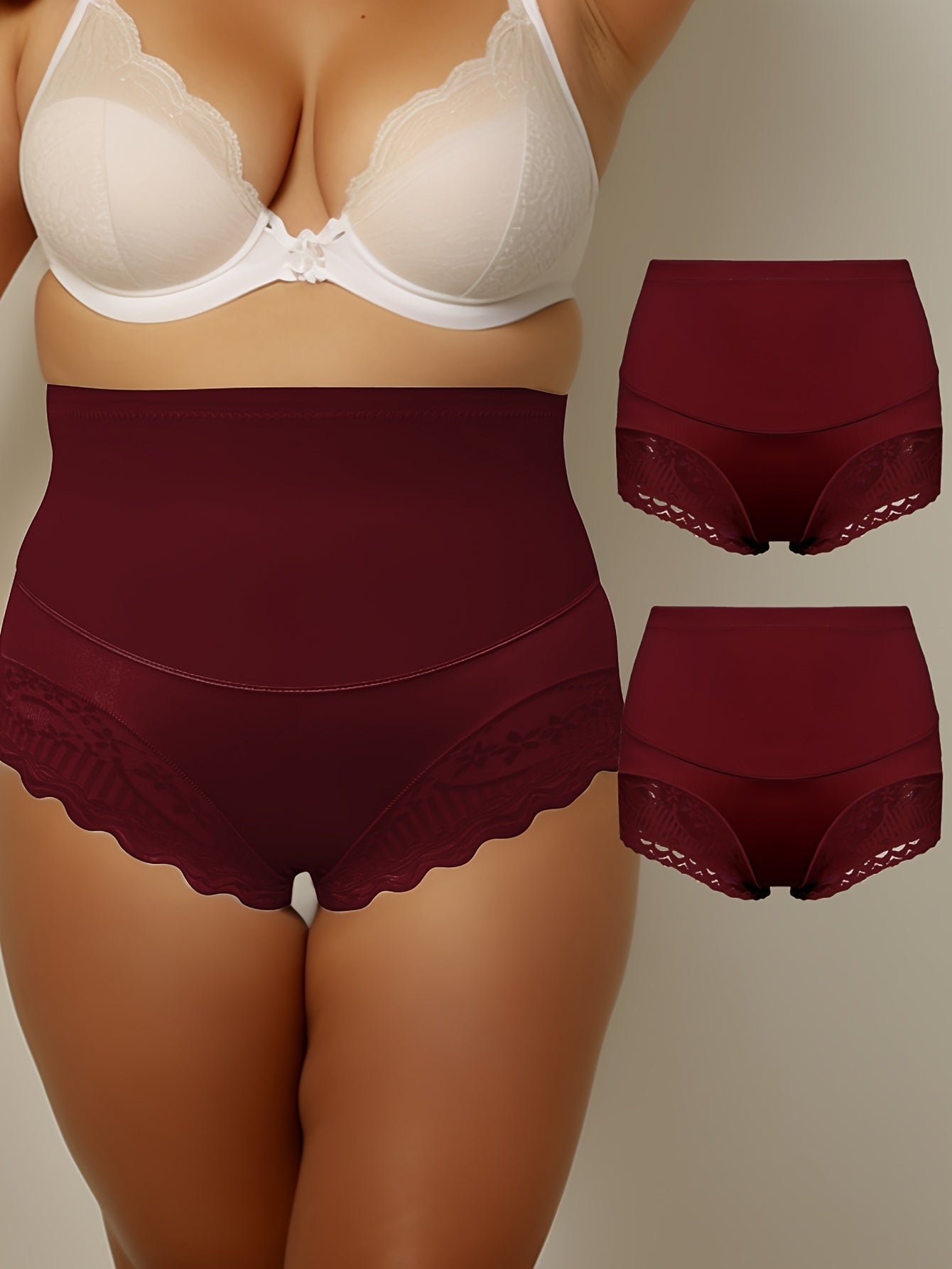 2 Pack Plus Size Panties Set Women's Plus Contrast Lace High Rise Tummy Control