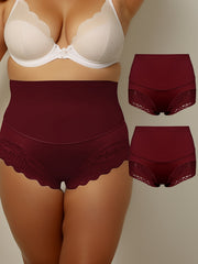 2 Pack Plus Size Panties Set Women's Plus Contrast Lace High Rise Tummy Control
