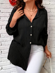 Women's Plus Solid Ribbed Button Up Long Sleeve Casual Blouse