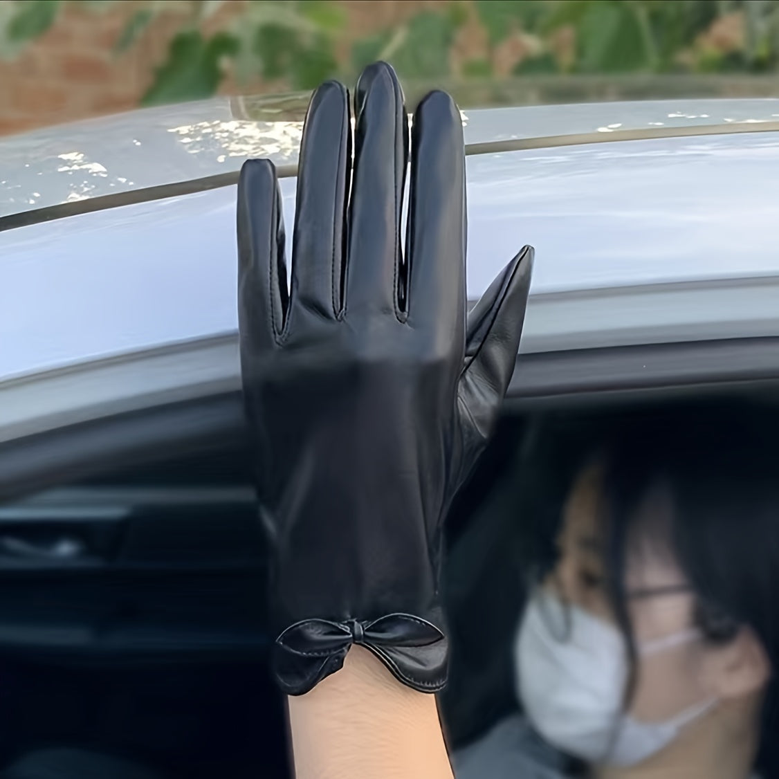 Solid Bow PU Gloves Warm Outdoor Riding Driving Coldproof Gloves