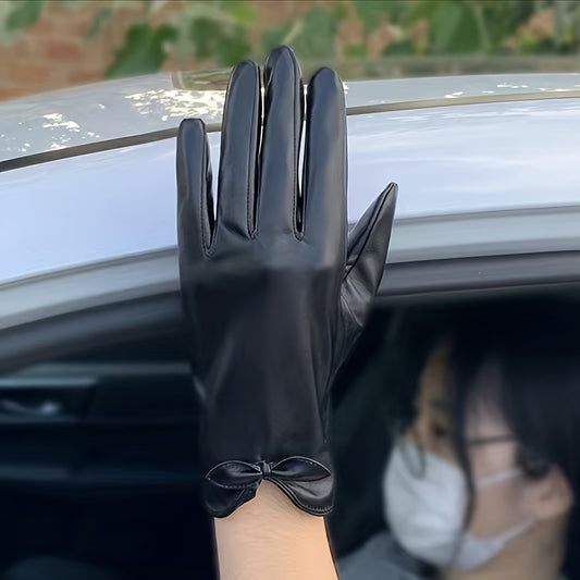 Solid Bow PU Gloves Warm Outdoor Riding Driving Coldproof Gloves