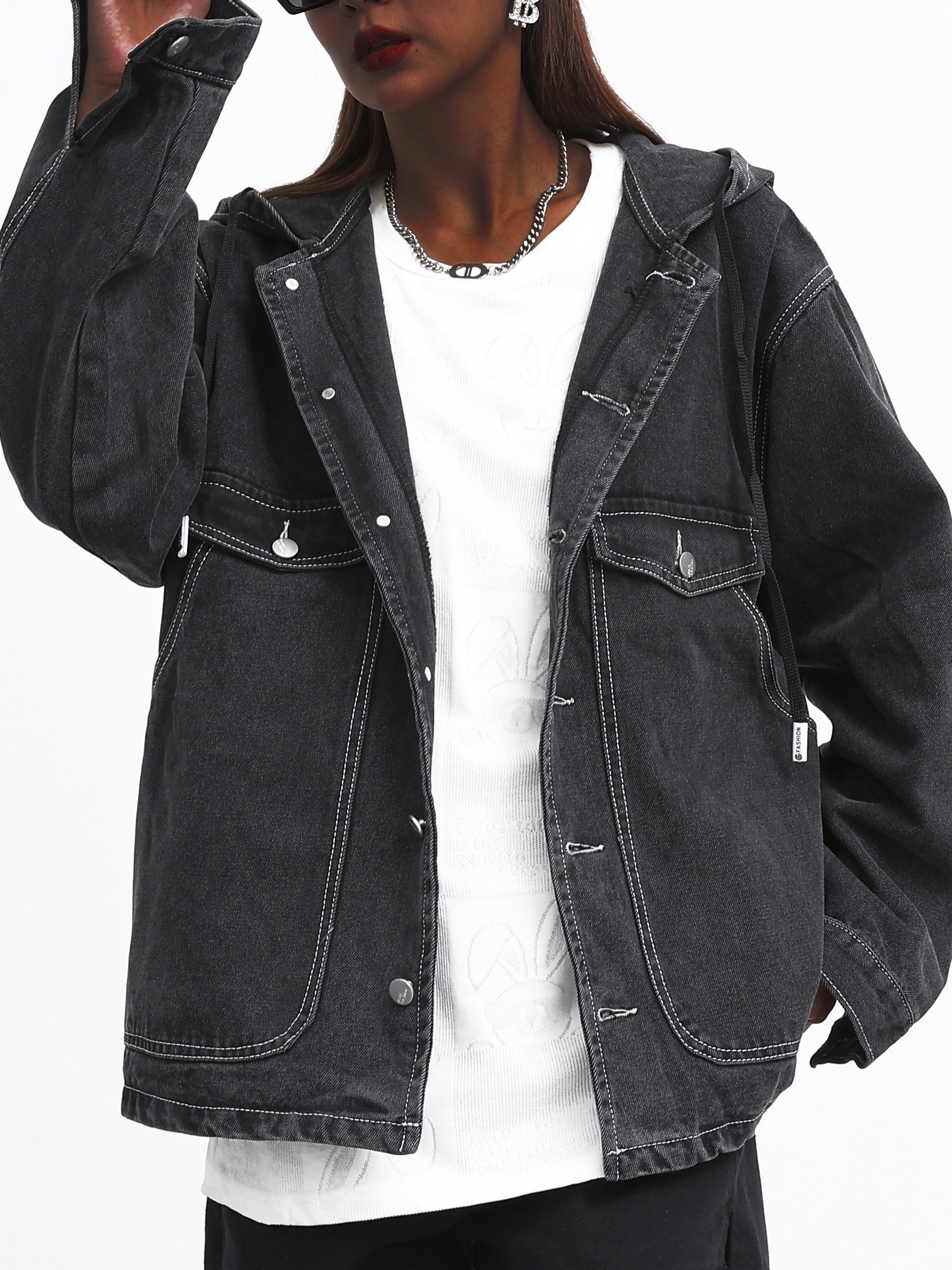 Solid Hooded Denim Jacket with Pockets