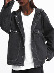 Solid Hooded Denim Jacket with Pockets