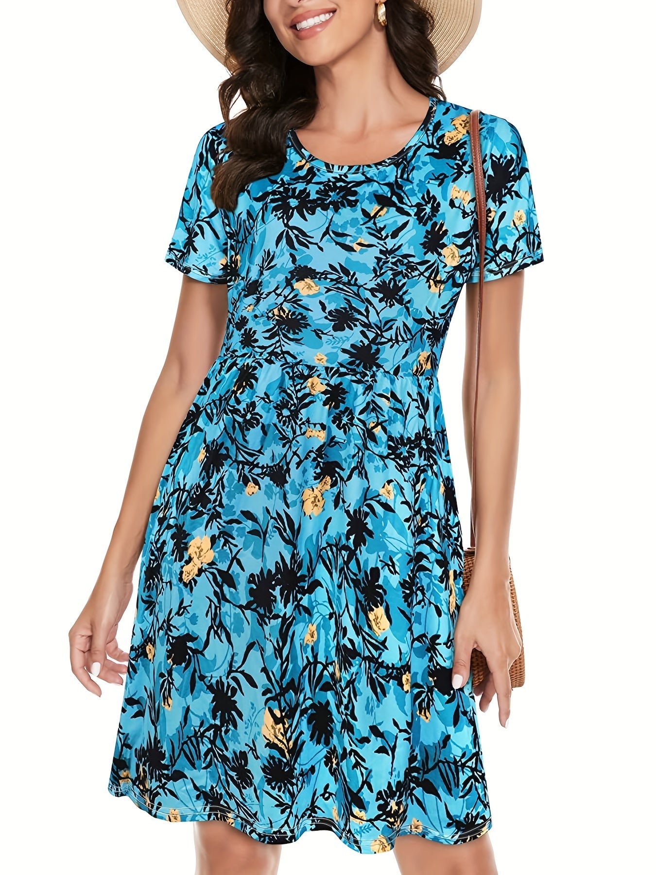 Floral Print Dress Casual Crew Neck Short Sleeve Random Printing Dress