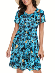 Floral Print Dress Casual Crew Neck Short Sleeve Random Printing Dress
