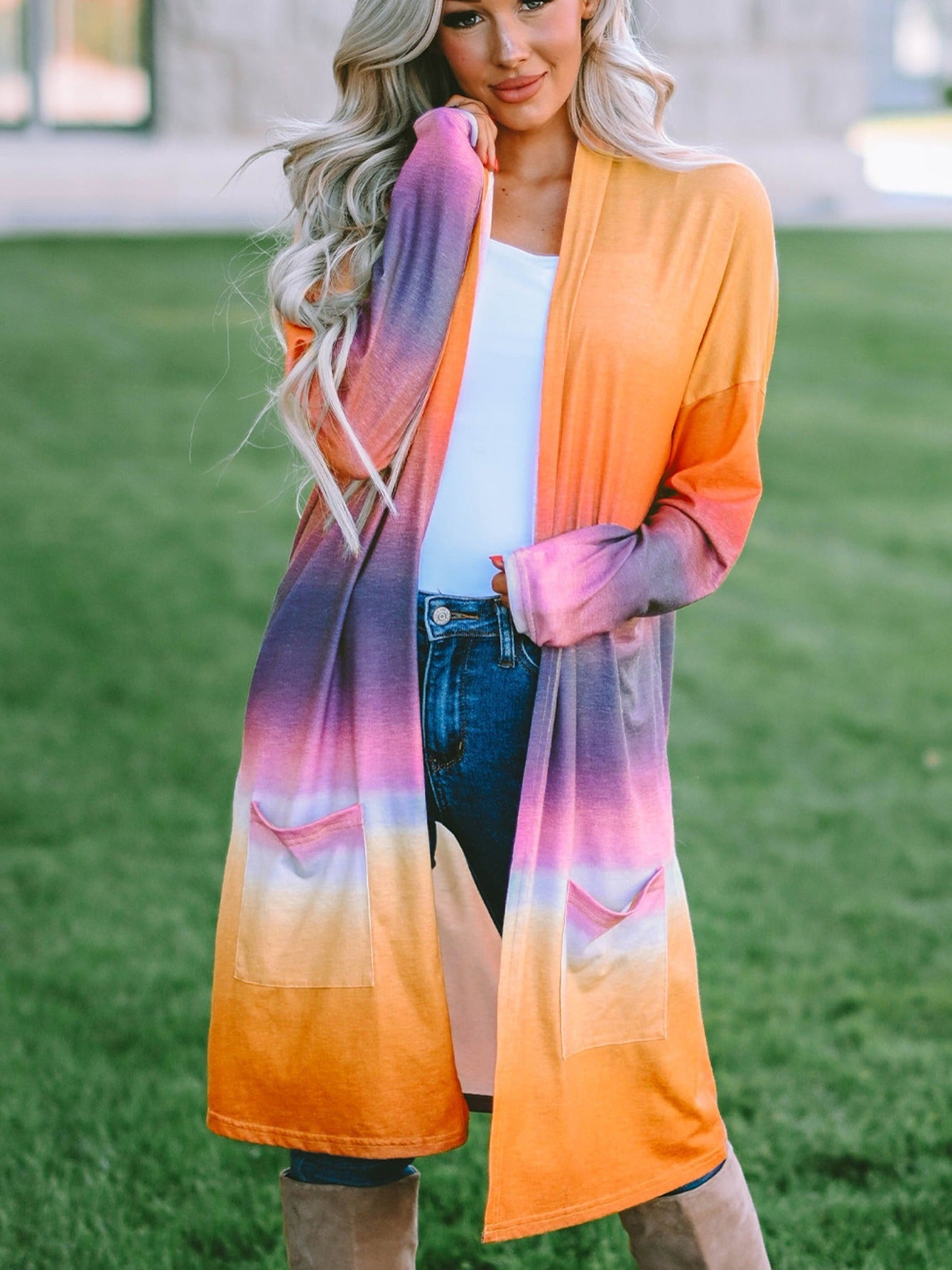 Women's Yellow Tie Dye Cardigan Open Front Mid Length Sweater