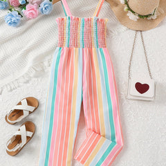 Toddler Girls Striped Frill Trim Cami Rompers Jumpsuits