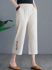 Floral Embroidered Wide Leg Pants High Waist Cropped