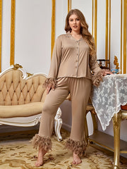 Women's Plus Fuzzy Trim Button Up Pajama Set