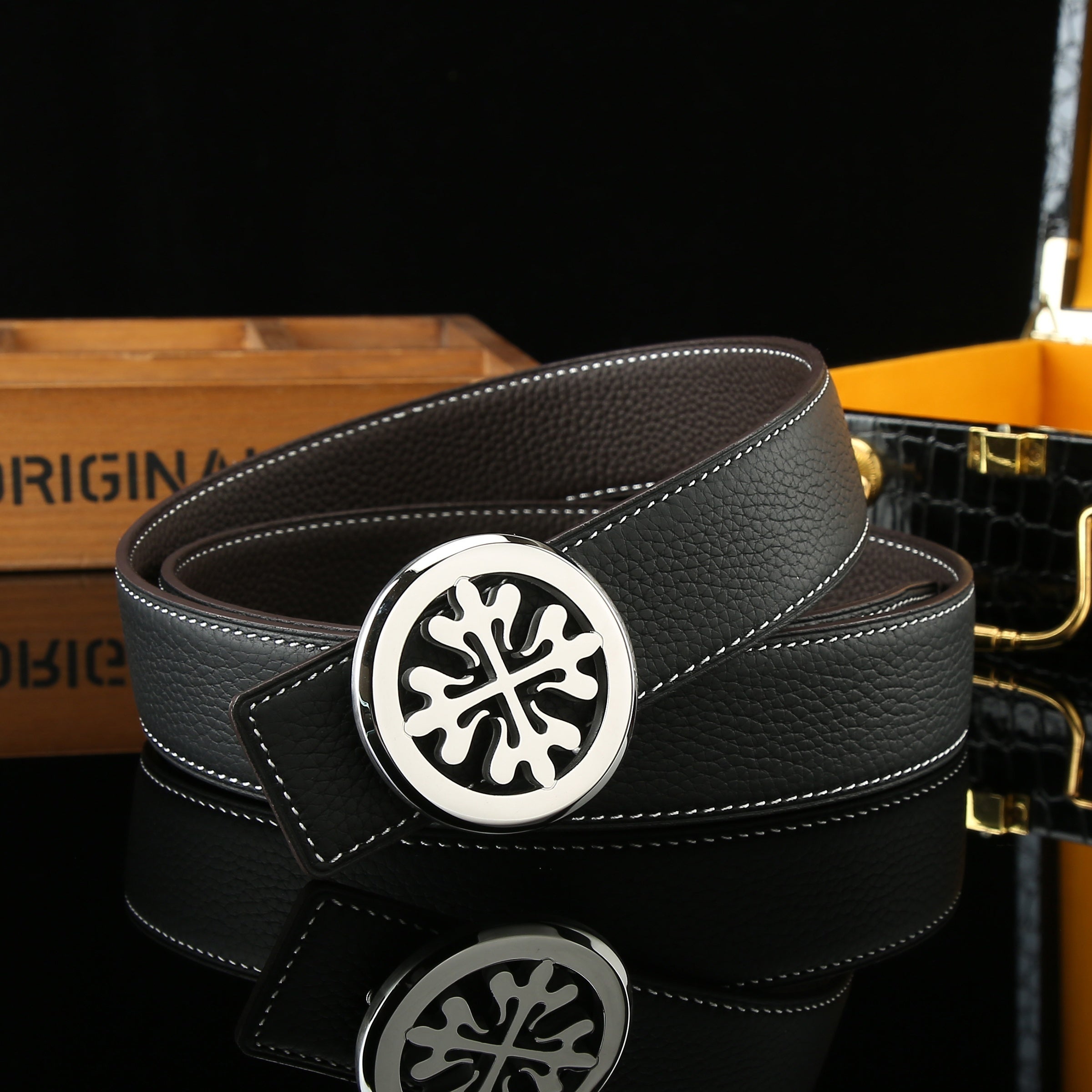 Men's Litchi Pattern Leather Belt With Buckle Double sided