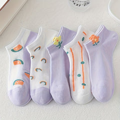 5 Pairs Floral Print Soft & Lightweight Ankle Socks Women's Stockings