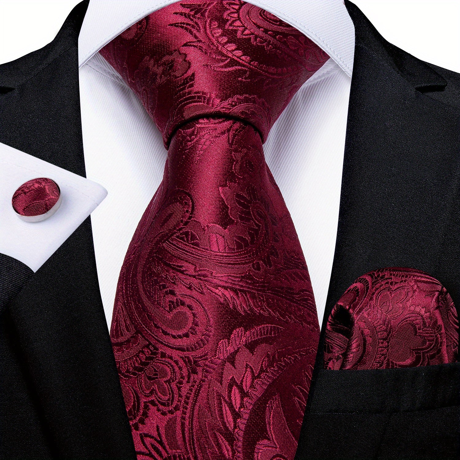 DiBanGu Men's Wine Red Paisley Tie Set for Wedding