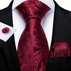 DiBanGu Men's Wine Red Paisley Tie Set for Wedding