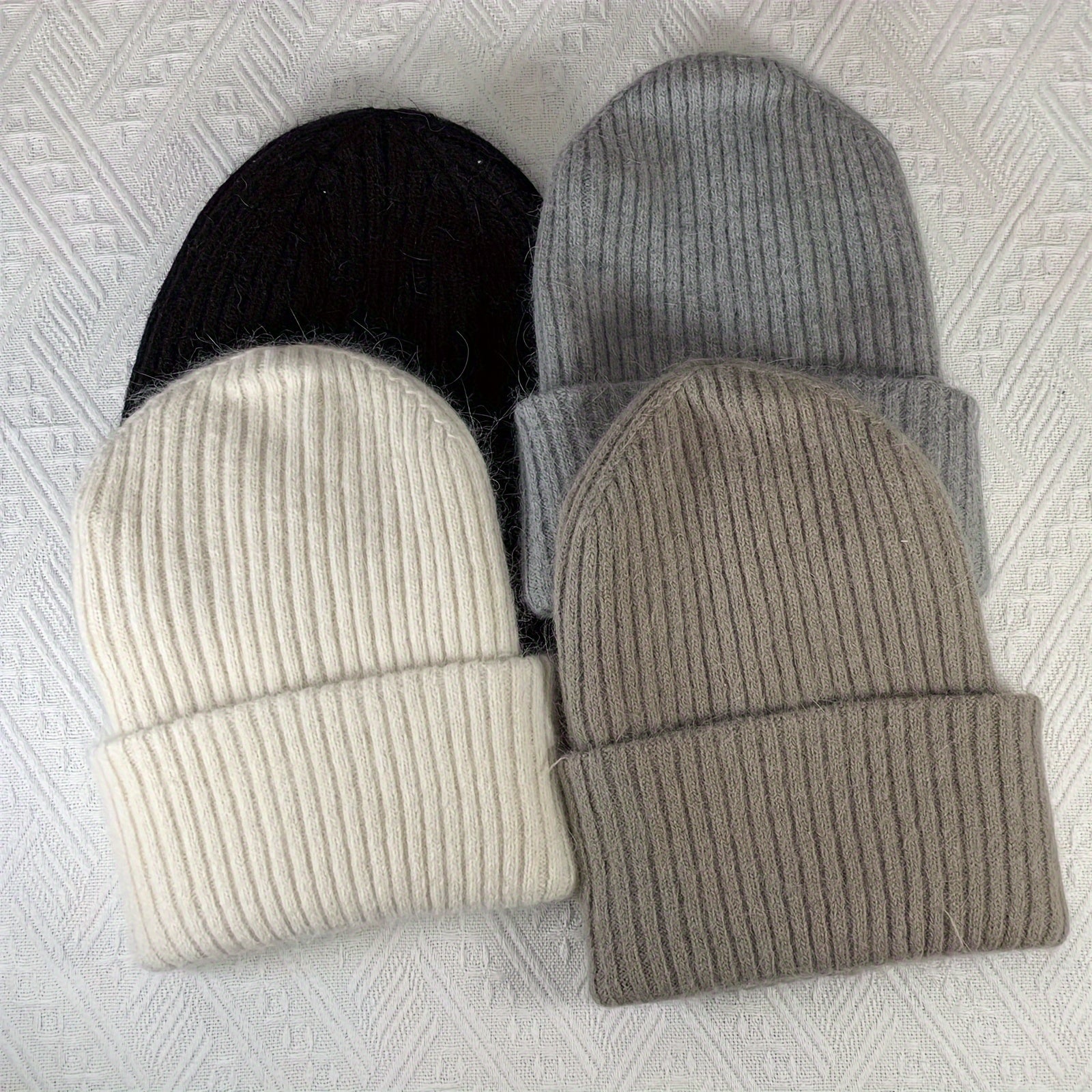 Rabbit Fur Blend Knitted Beanie Hat Warm Ear Protection