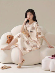 Cute Bear Print Nightdress Short Sleeve Crew Neck Sleep Dress
