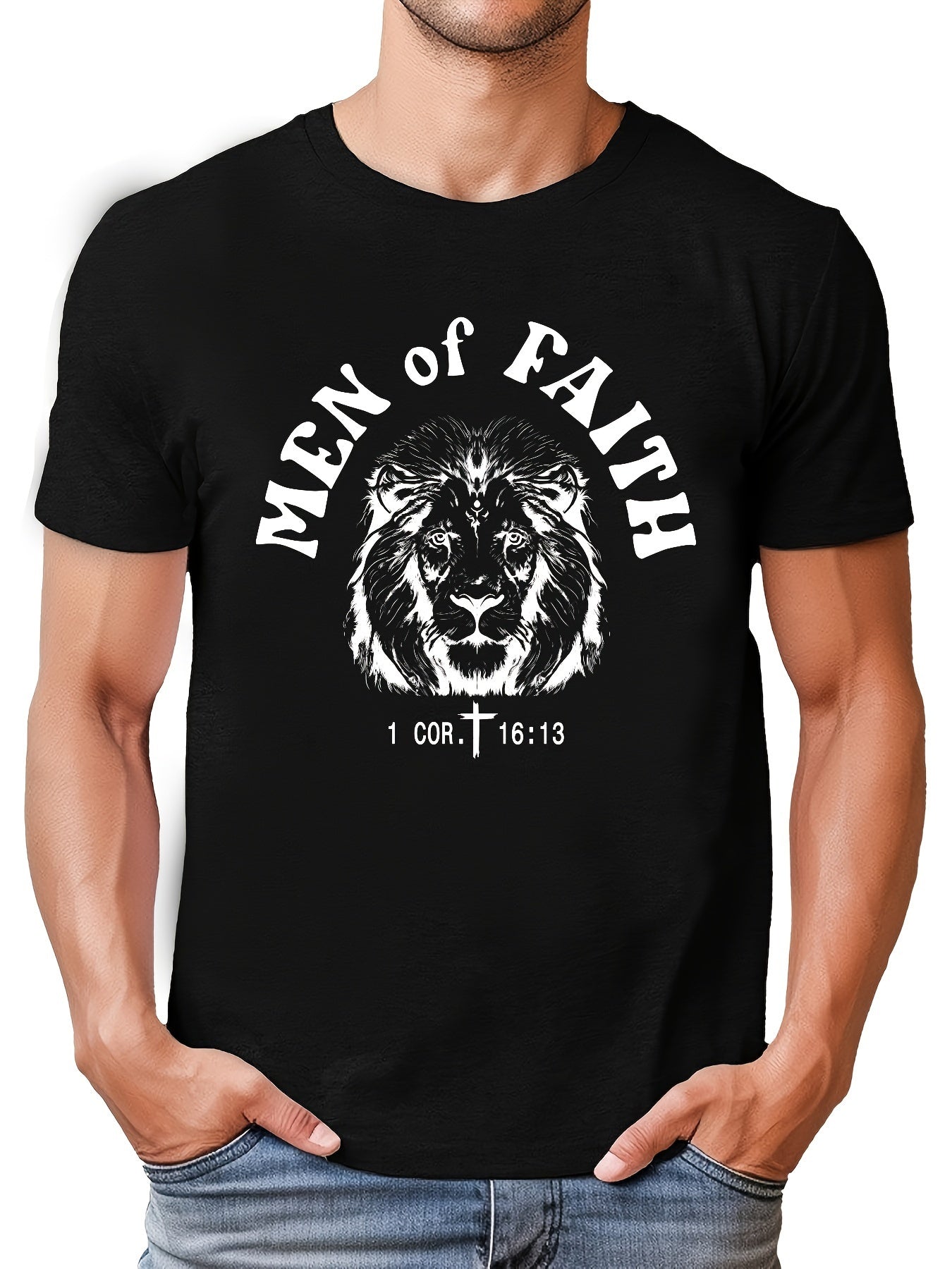 Men's Lion Pattern Sports T-shirt Stretch Round Neck Tee for Summer