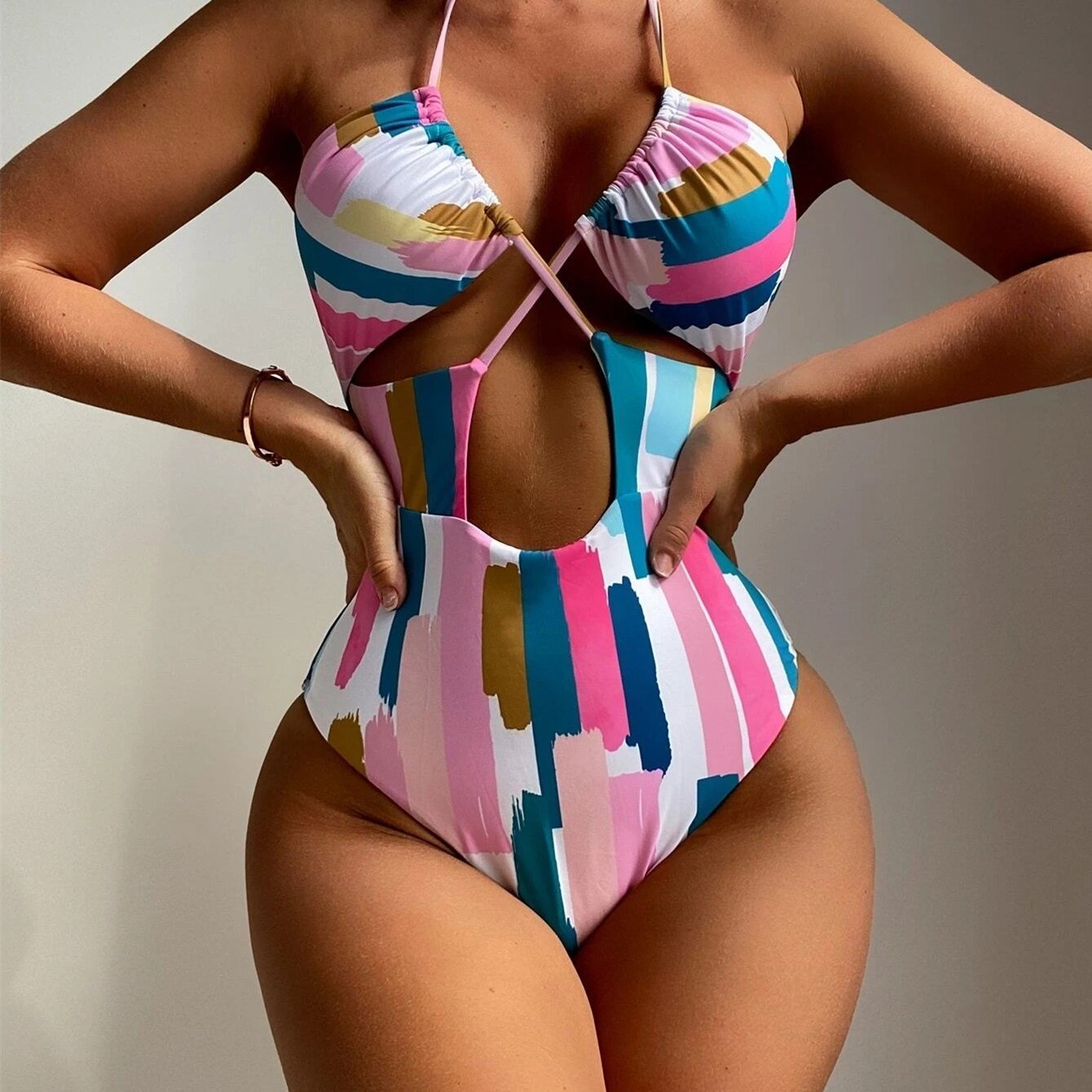 Graffiti Stripe Print Drawstring Halter Neck One Piece Swimsuit