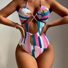Graffiti Stripe Print Drawstring Halter Neck One Piece Swimsuit