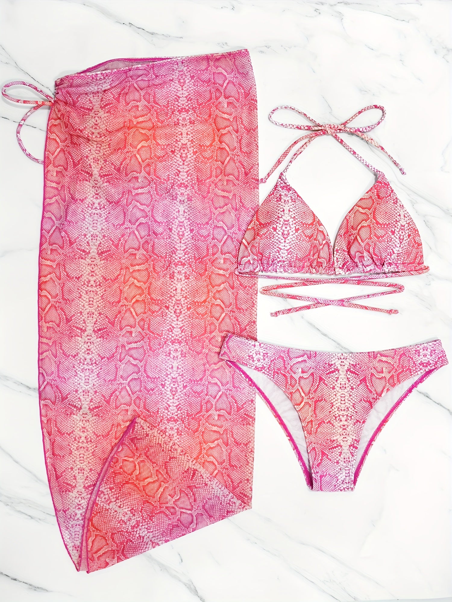 Snakeskin Print Bikini Set with Cover Up Skirt Swimsuit