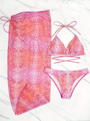 Snakeskin Print Bikini Set with Cover Up Skirt Swimsuit