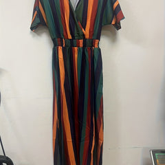 Striped Boho Surplice Neck Dress High Waist Short Sleeve