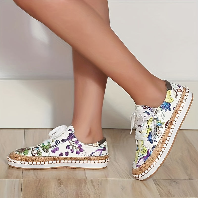 Floral Print Flat Sneakers Lace Up Low Top PU Leather Walking Shoes