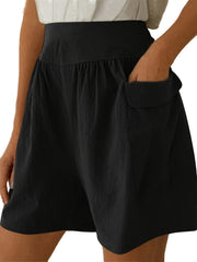 Solid Pockets Elastic Waist Women's Shorts Casual Spring Summer Clothing
