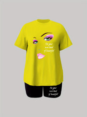 Women's Face & Letter Print Casual 2 Piece Set