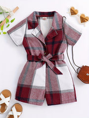 Girls Plaid Jumpsuit Button Short Sleeve Bow Belt Summer Outfit
