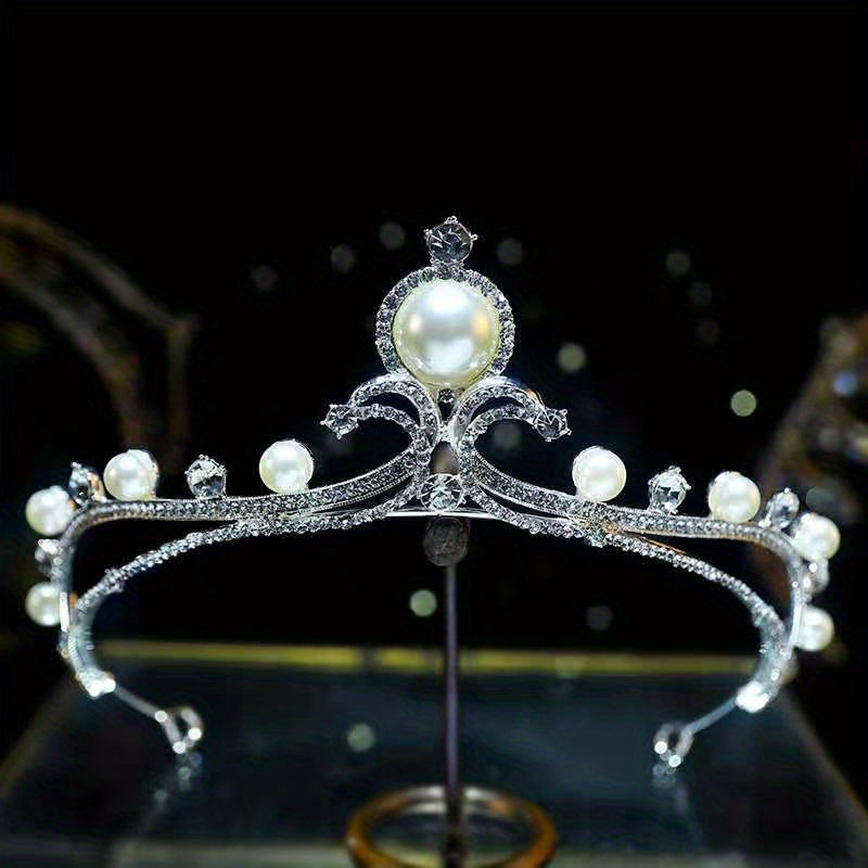Faux Pearl Silvery Headband Rhinestone Crown Bridal Hair Accessory