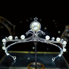 Faux Pearl Silvery Headband Rhinestone Crown Bridal Hair Accessory