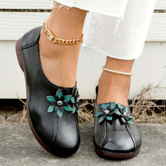 Women's Flower Decor Flat Shoes Retro Round Toe Slip On Shoes Faux Leather Flats