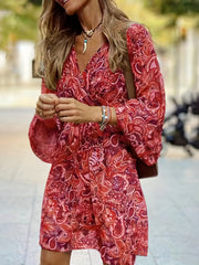 Paisley Print Surplice Neck Dress Sexy Drawstring Long Sleeve Dress