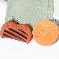 Vintage Wood Mirror Comb Set With Bag Mini Wooden Round Vanity Makeup Mirror