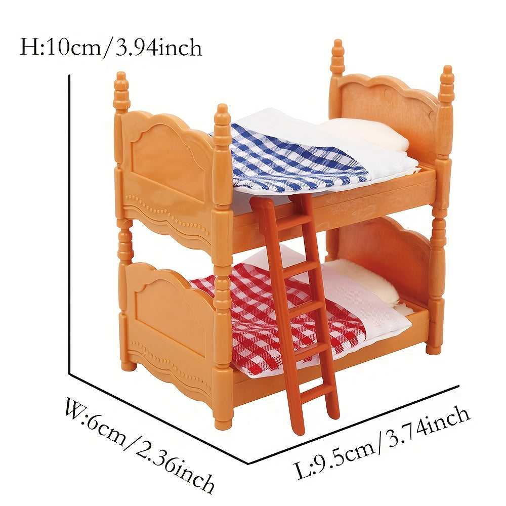 Stomle Family Dollhouse Bunk Bed Set - Cozy Orange Wooden Frame with Red Canopy