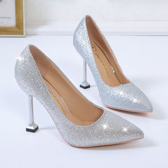Glitter Stiletto Heels Pointed Toe Slip On Wedding Dress High Heels