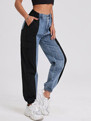Colorblock High Waist Straight Jeans Flap Pockets Loose Fit