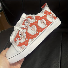 Women's Santa Claus Print Canvas Shoes Lace Up Low Top Sneakers