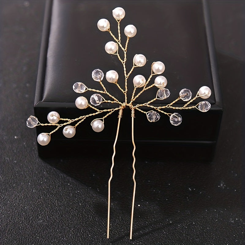 Silvery Crystal Faux Pearl Hairpins U shaped Hair Pin Wedding Bridal Hair Sticks