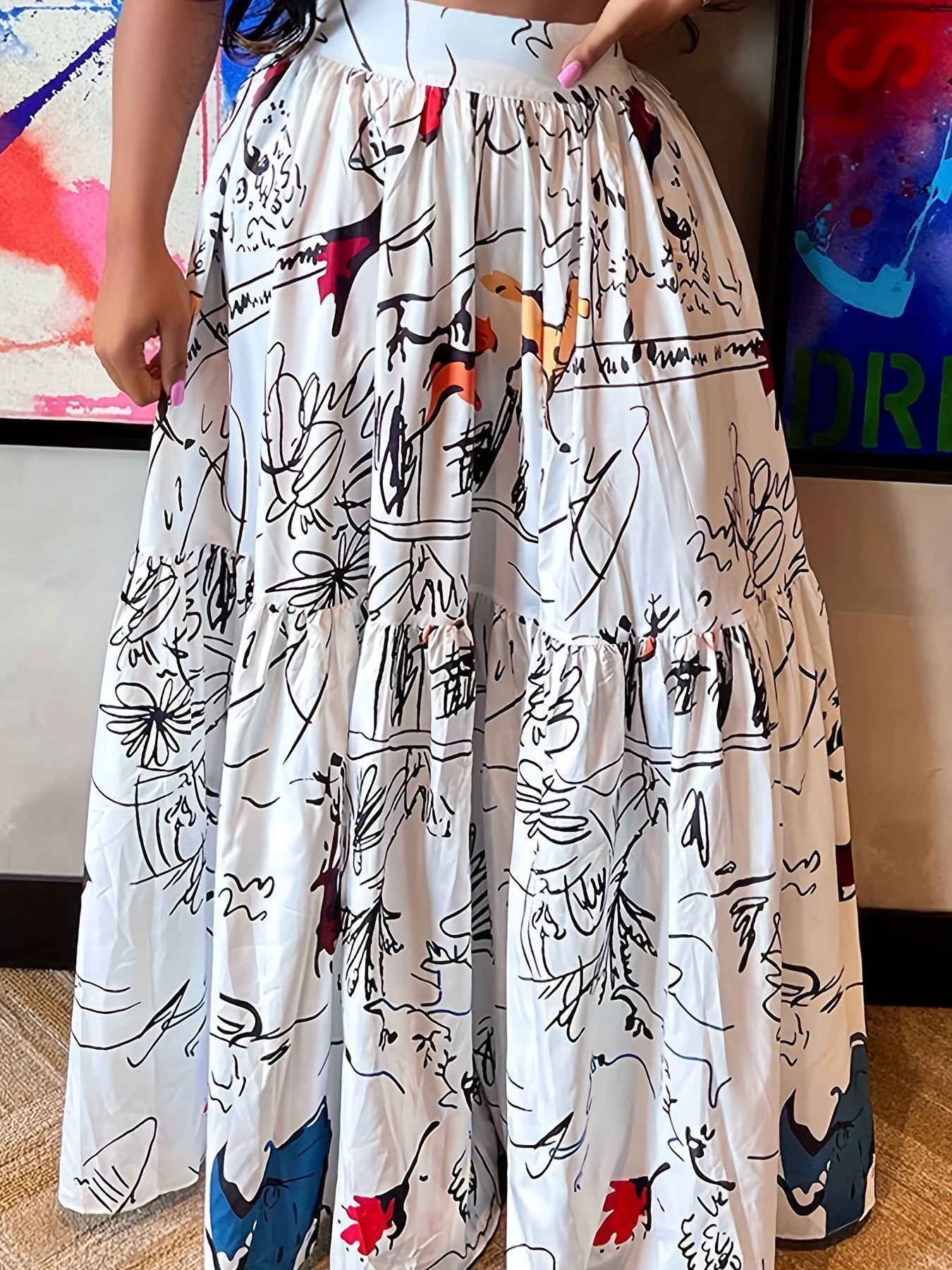 Graffiti Print High Rise Maxi Skirt with Pockets