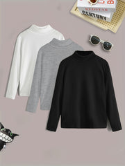 3pcs Boys Solid Sweater Round Neck Long Sleeve Stretch Warm Knit Pullover Top