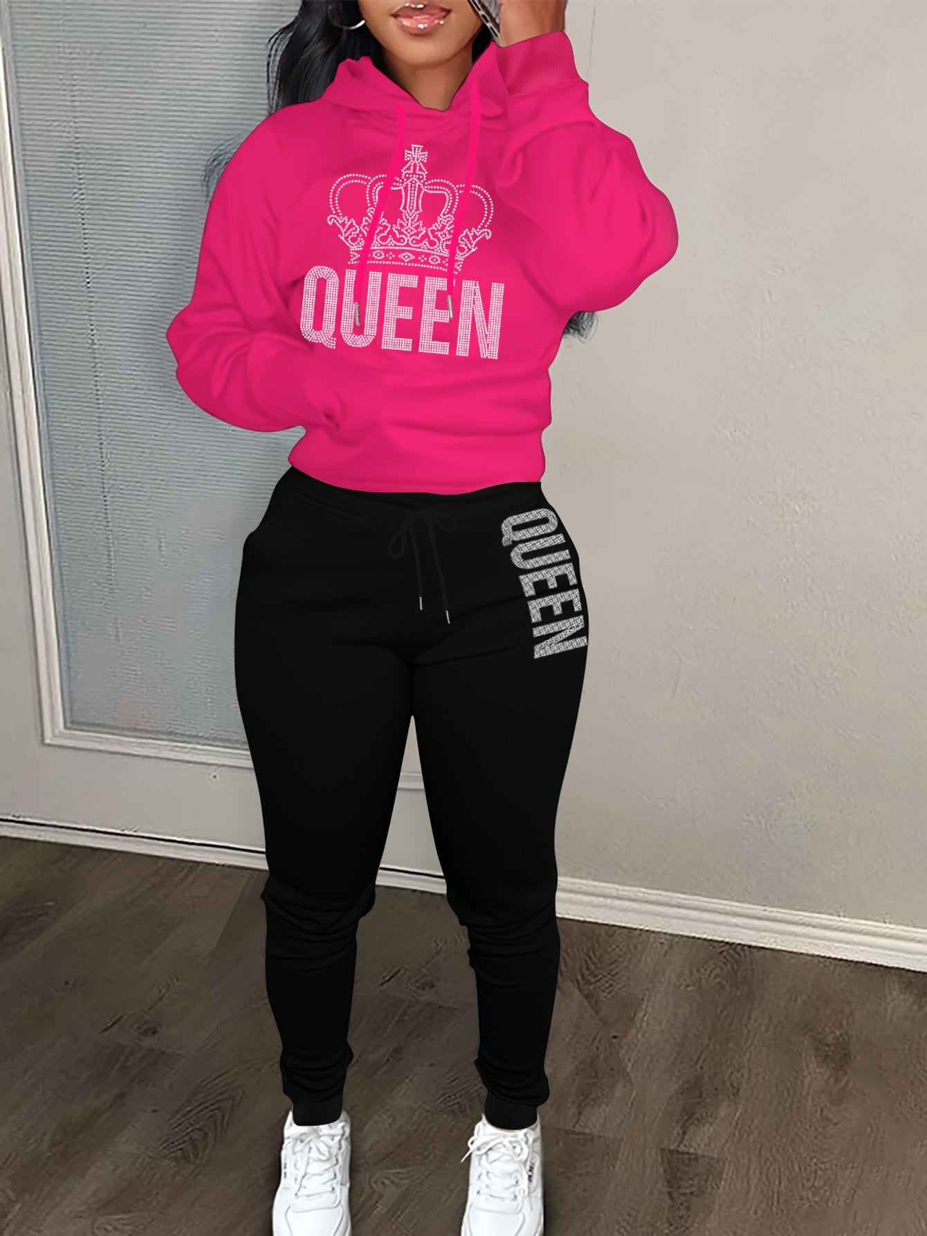 Women's Plus Crown & Letter Print Hoodie & Joggers Outfit Set