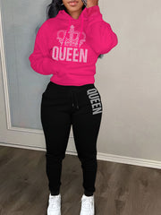 Women's Plus Crown & Letter Print Hoodie & Joggers Outfit Set