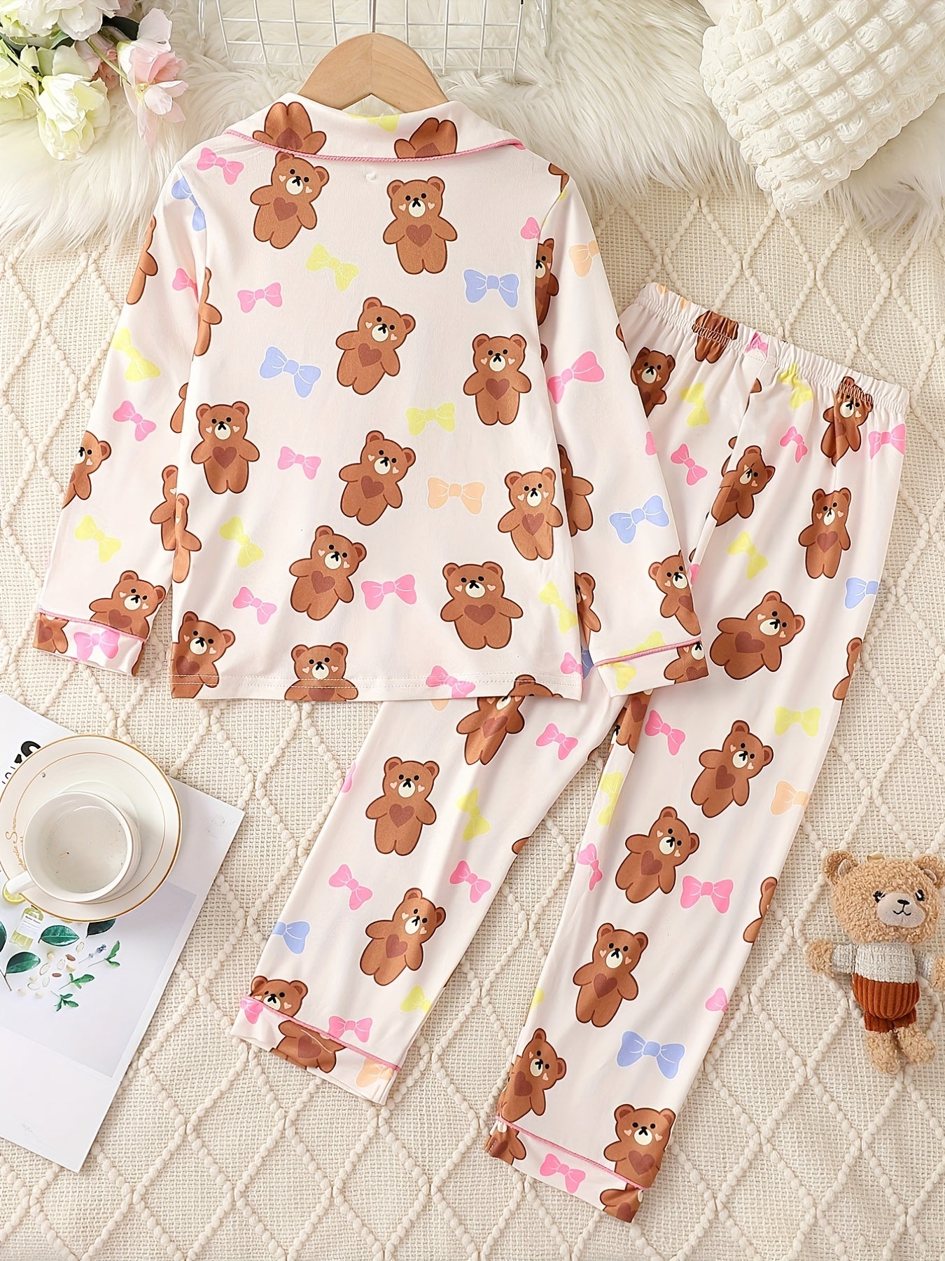Kid's Bear Print Pajama Set Long Sleeve Top & Pants