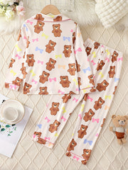 Kid's Bear Print Pajama Set Long Sleeve Top & Pants